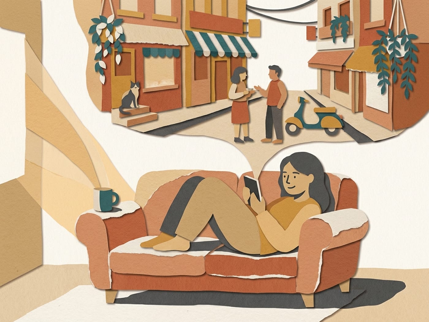 A reader on a sofa with the street from their story unfolding above them in cut paper