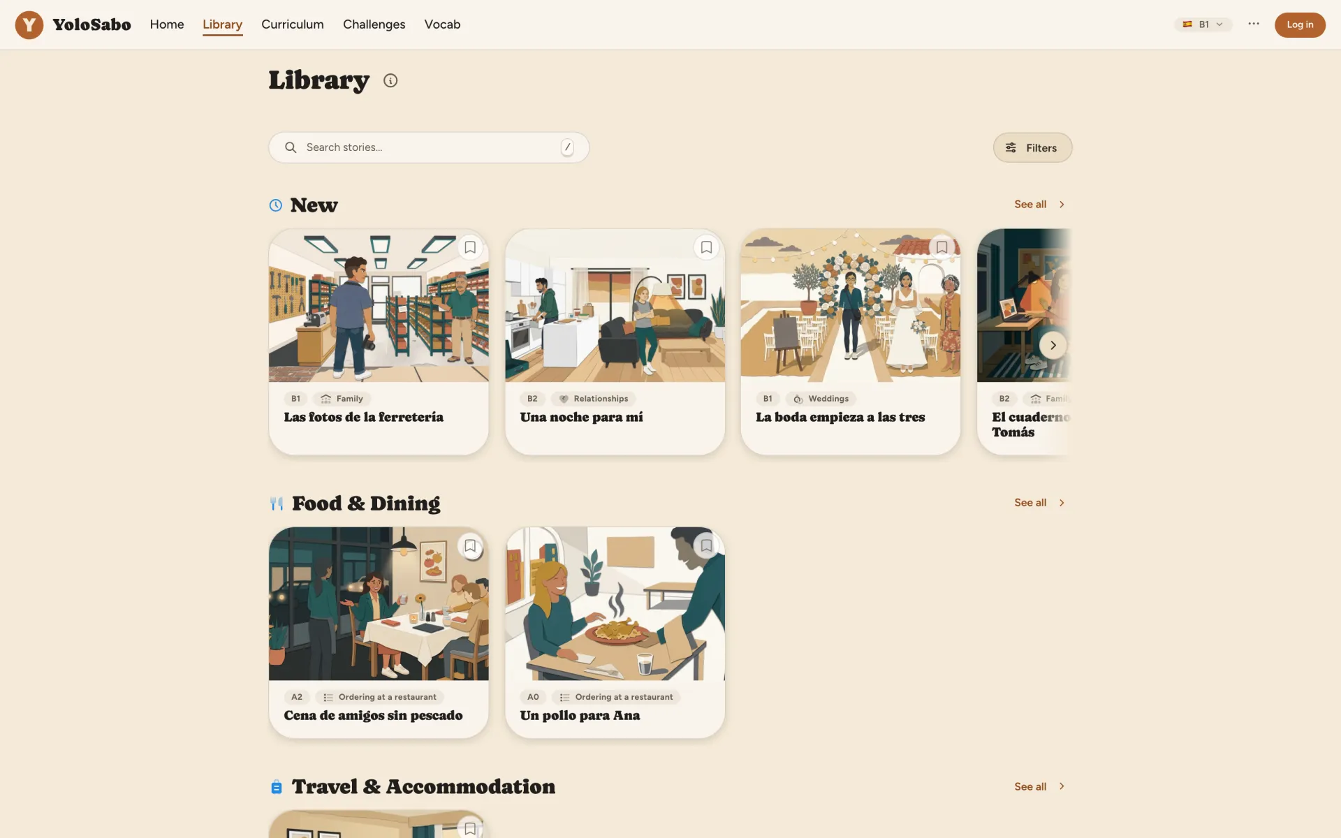 YoloSabo Stories — shelves of Spanish stories by level and topic