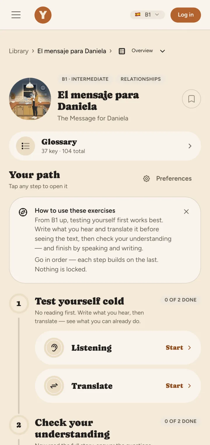 The app on a phone: a Spanish story's overview, with its glossary and the start of its exercise path